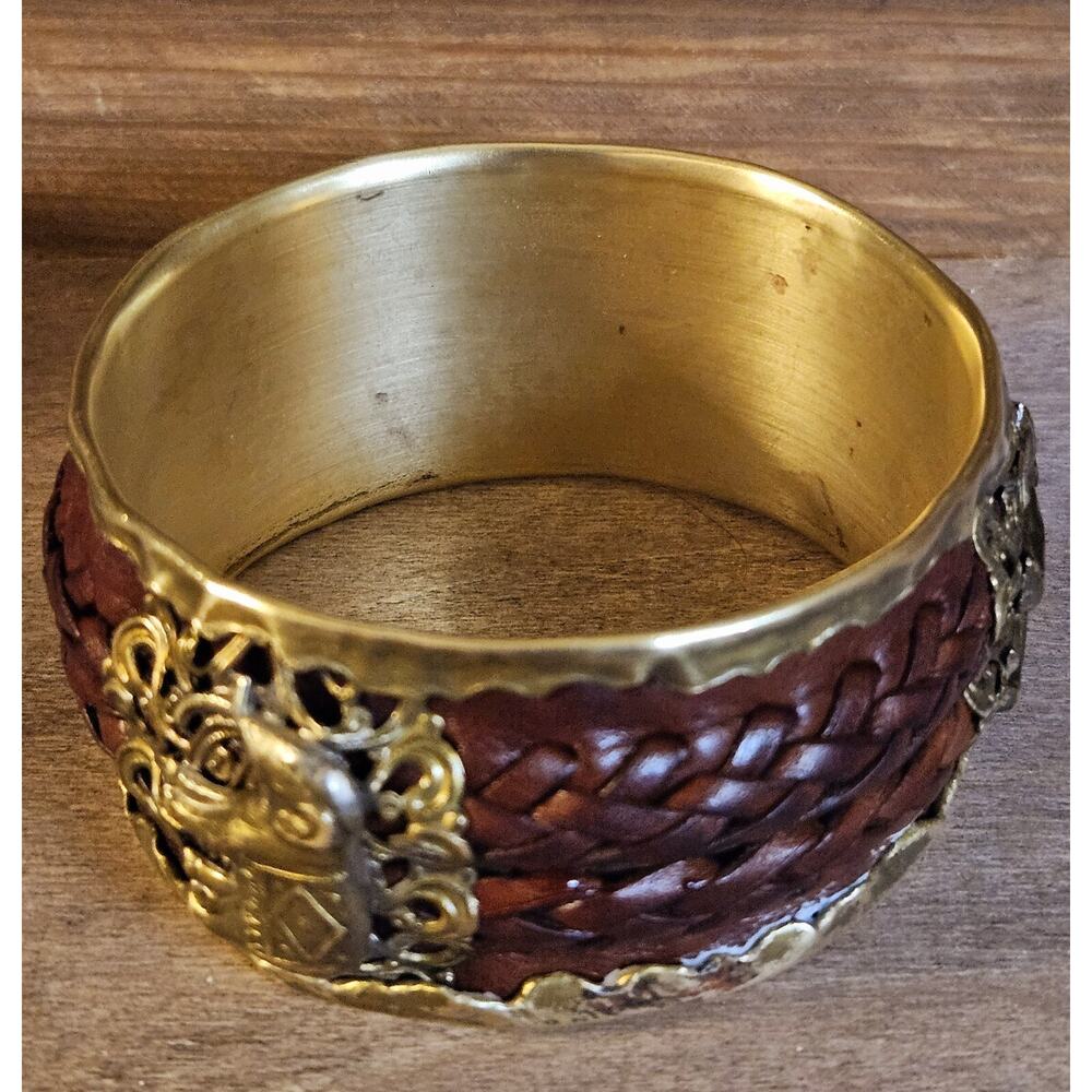 Vintage Il Gioiello Di Firenze Italy Elephant Brass & Leather Bangle Bracelet View 2